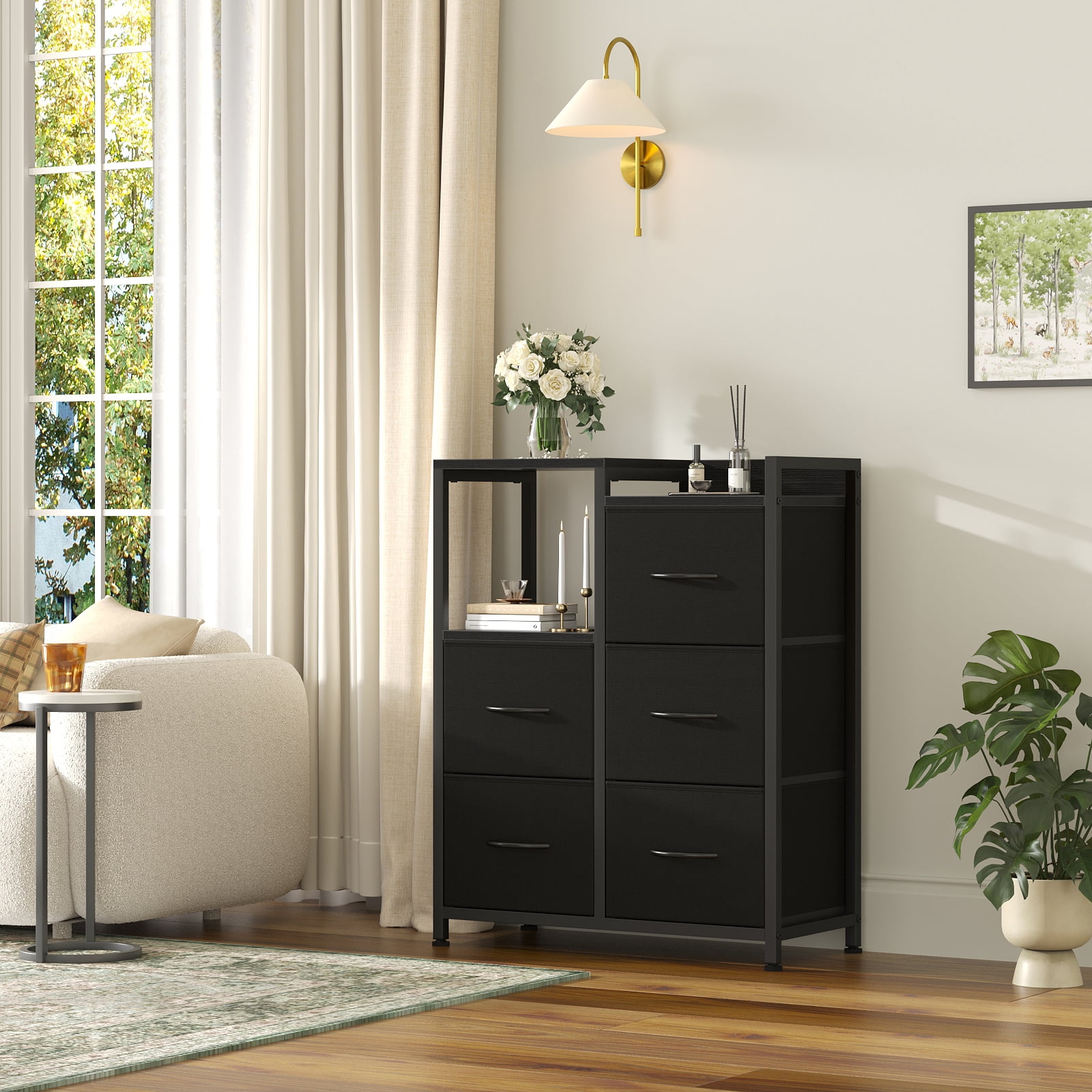 CONCETTA 5 Drawer Fabric Dresser, 2-Tier Shelf Storage Chest, Storage Cabinet for Bedroom, Hallway, Entryway, Black