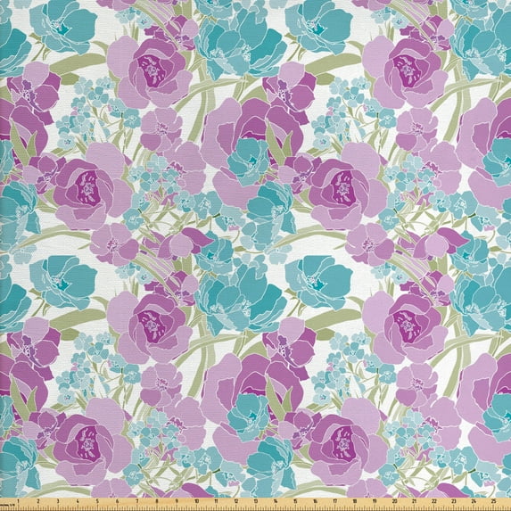 Pastel Fabric by the Yard, Illustration of Spring Season Theme with Little Petals and Peonies Growth, Decorative Upholstery Fabric for Sofas and Home Accents, Blue Purple and White by Ambesonne