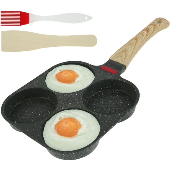 Egg Frying Pan Set Aluminum 4 Cups Egg Frying Pan Nonstick Mini Egg Cooker Omelet Pan Heavy-Duty Egg Skillet with Wooden Handle Breakfast Egg Pan with Brush and Spatula for Home Kitchen Cooking