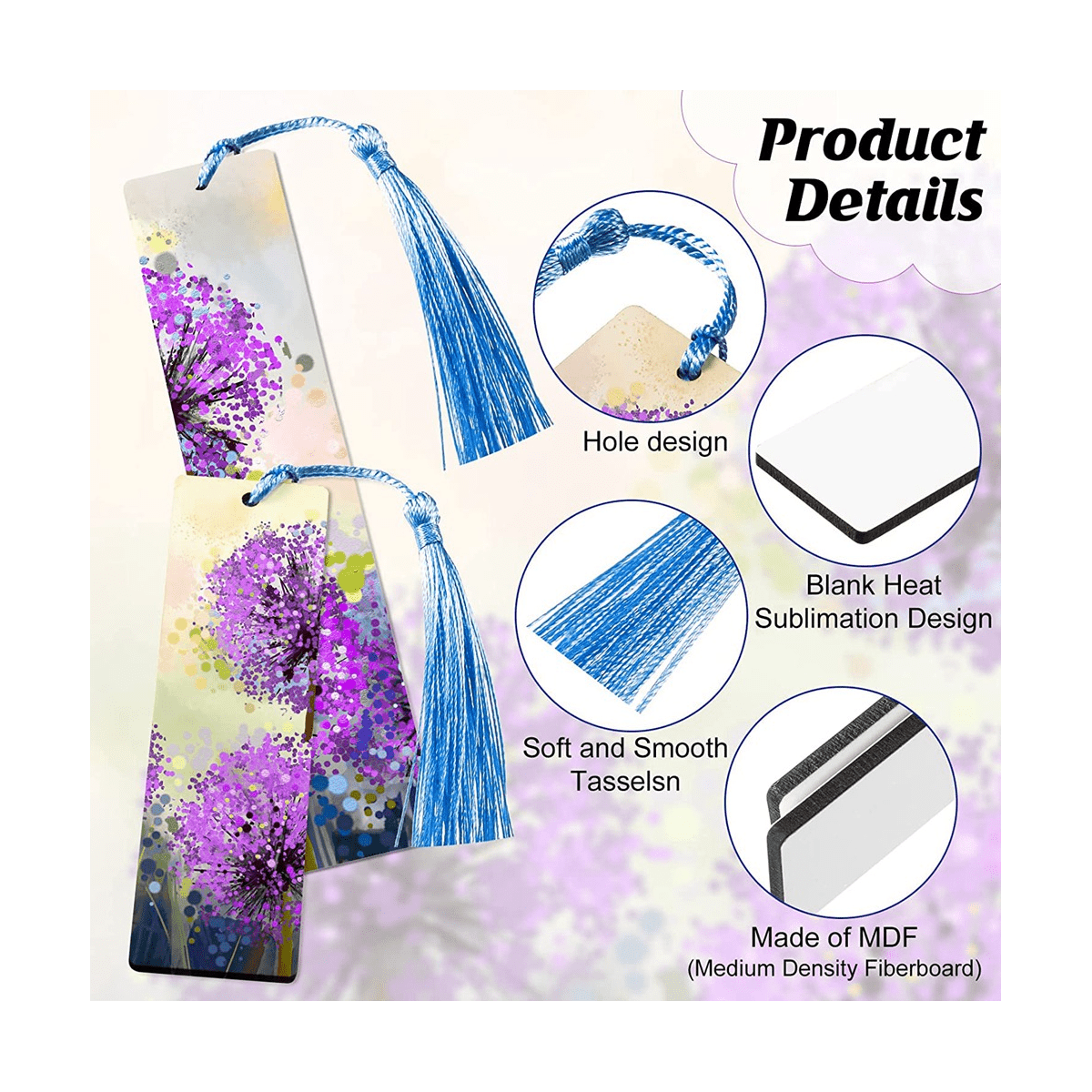 80 Pcs Sublimation Blank Bookmark Heat Transfer DIY Sublimation Bookmarks with Hole and 80 Pieces Colorful Tassels