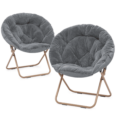 BEZT 2 Pcs Round Folding Faux Fur Saucer Chair for Bedroom Living Room Dorm Garden Courtyard Foldable Metal Frame Oversized Large Comfy Furry Padded Soft Lounge Lazy Cozy Moon Chair for Adults (Gray)