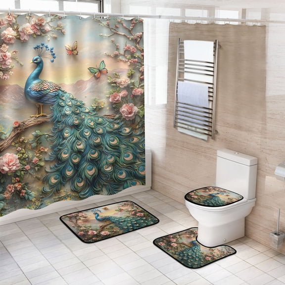 Ryvnso 4 Pcs Peacock Butterfly Floral Bathroom Shower Curtain Set with 12 Hooks Bath Mat Toilet Lid Cover