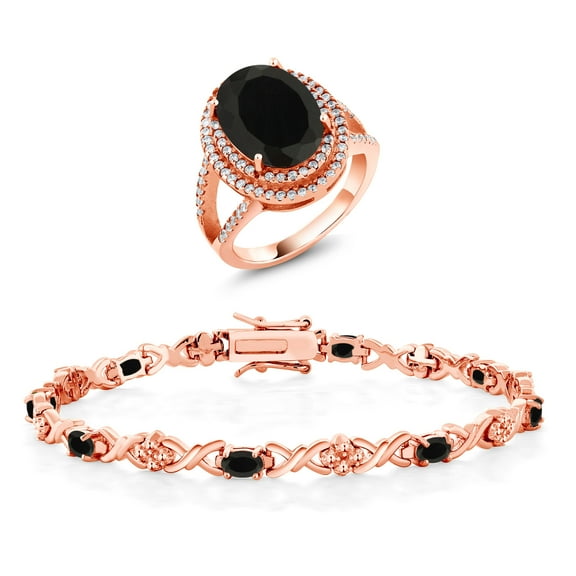 Gem Stone King 9.24 Ct Oval Black Onyx 18K Rose Gold Plated Silver Ring and Bracelet Jewelry Set (Size 9)