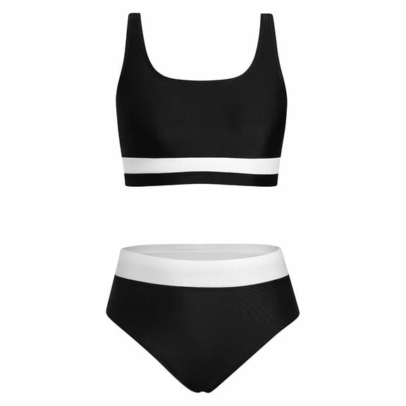 Tisuna Girls' Color Block Two Piece Swimwear For Young Kids Girls Stylish Split Bathing Suit Beach Pool Child Bathing Suit Black Size 8-10 Years