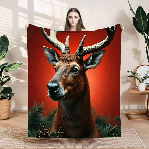 Cozy Flannel Blanket with Festive Deer and Pine Design - Soft Warm Throw for Sofa Travel Bed and Chair - Perfect Holiday Decor