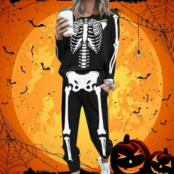 Women's Skeleton Print Tracksuit Set Long Sleeve Loose Fit Casual Sportswear Two Piece Outfit