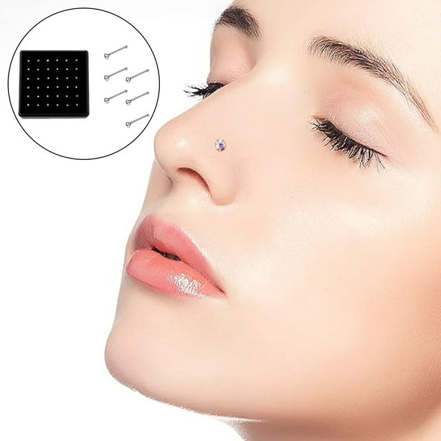 WIFKLSIIPG 36 Piece Box of Delicate Nose Studs European & American Style Diamond Embedded Stainless Steel Nose Rings Packaged in A Box