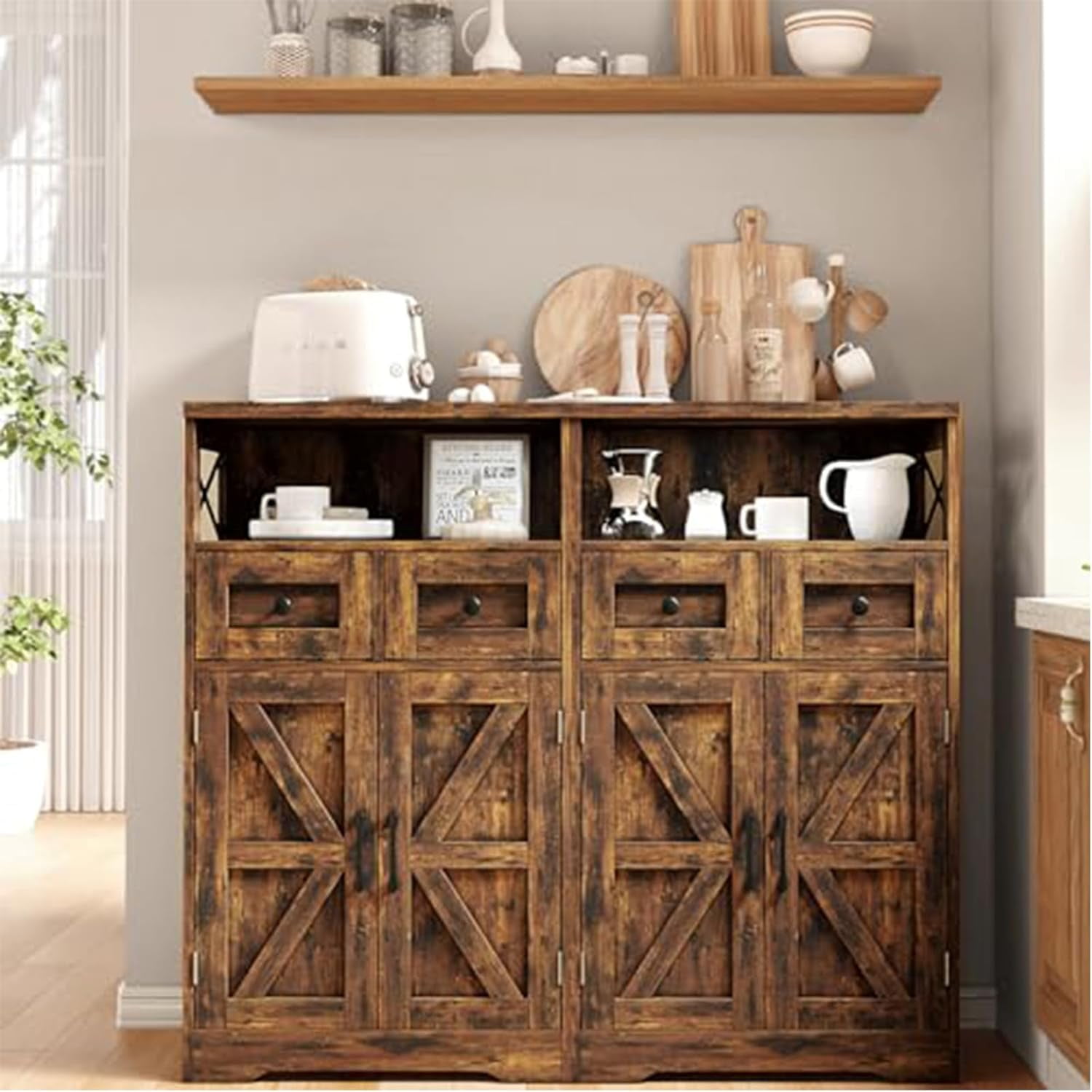 Rustic Brown Farmhouse Storage Cabinet with Barn Doors and Shelves, Freestanding Kitchen Pantry Storage Cabinet, Coffee Bar Station, Hutch Cupboard for Kitchen, Dining Room, Livingroom