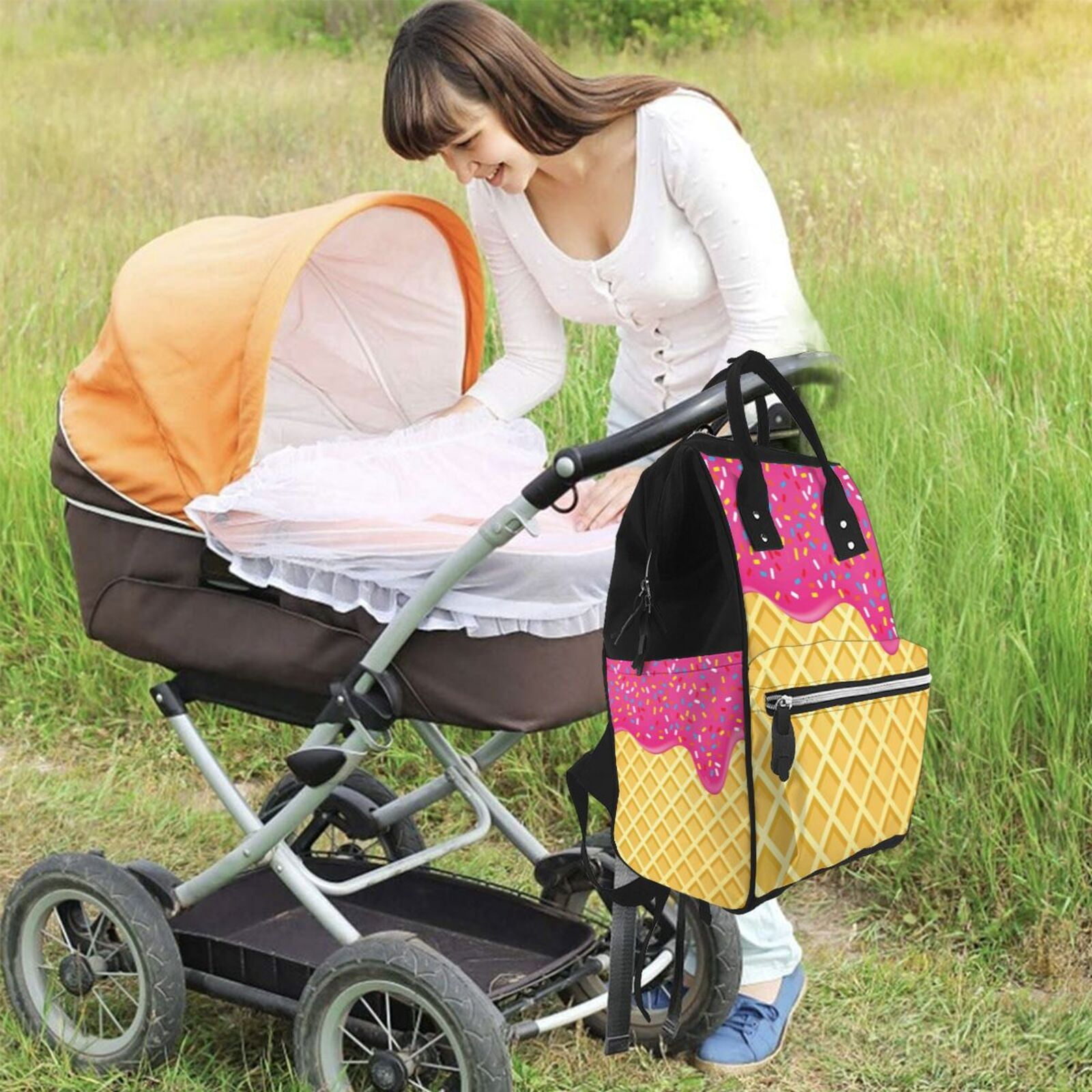 Ratiio Red Ice Cream Mummy Backpack - Waterproof Twill Canvas, Large Capacity Diaper Bag with Multiple Pockets and Adjustable Straps