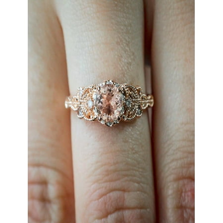 Sale 1.25 Carat Peach Pink Morganite (Round Shaped Morganite) and Diamond Engagement Ring in 10k Rose Gold