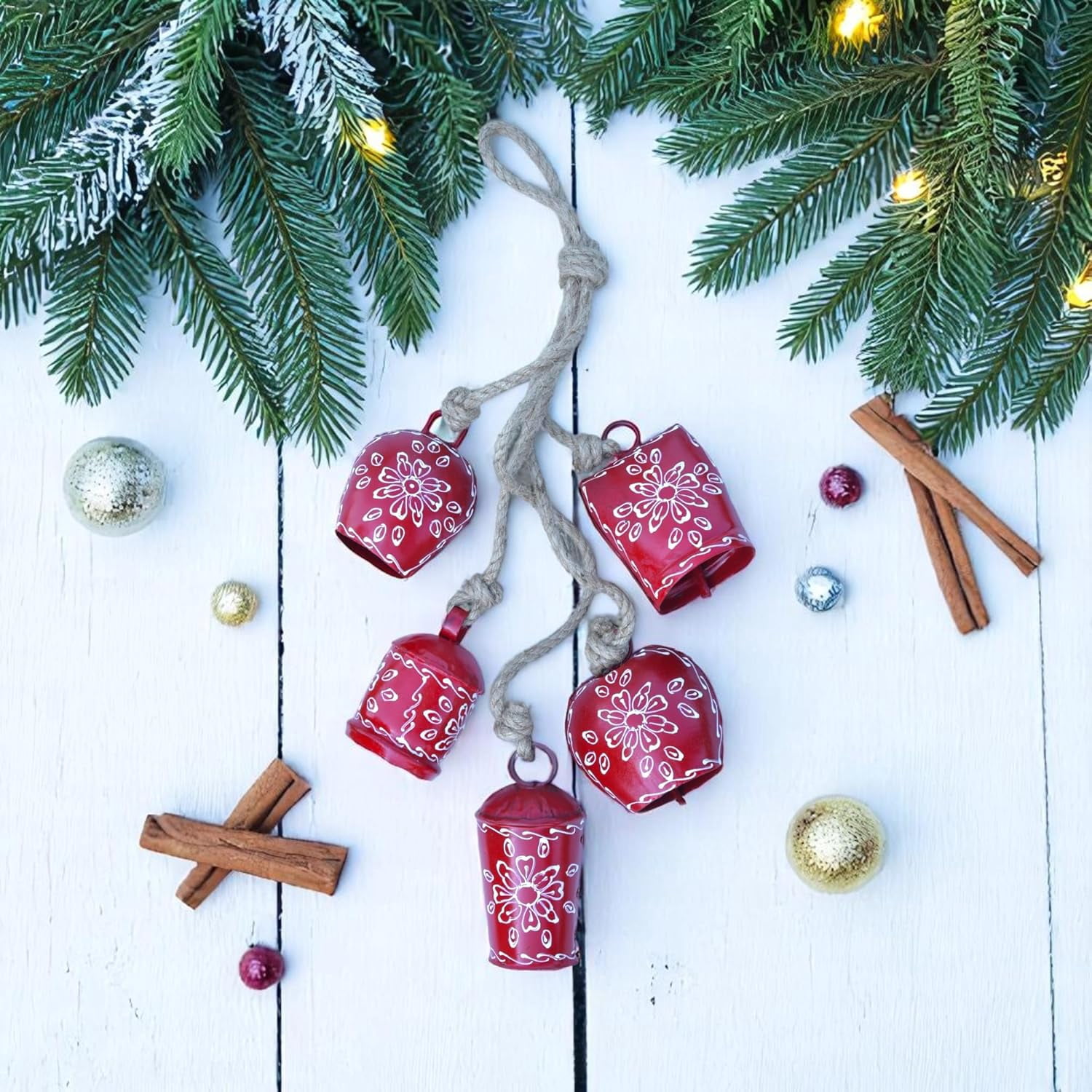 Vivanta Metal Vintage Rustic Cow Bell Wind Chime, Red, 25 inch, 5 Jingle Bells Boho Hanging, Outdoor Indoor Decor for Garden Door Porch Farmhouse and Meditation