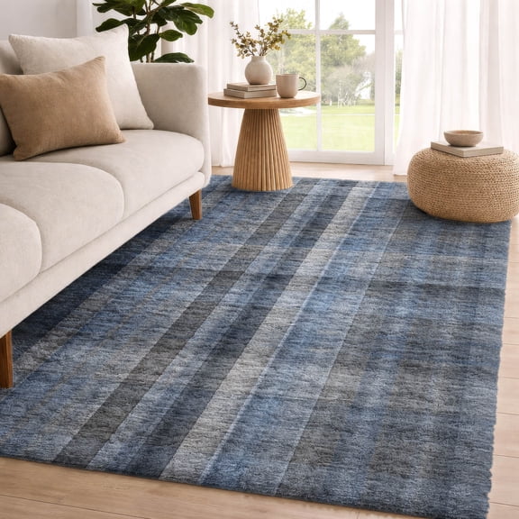 Addison Rugs Dream Shag Premium Machine Washable Transitional Plaid Blue Rectangle Rug, 10' x 14'