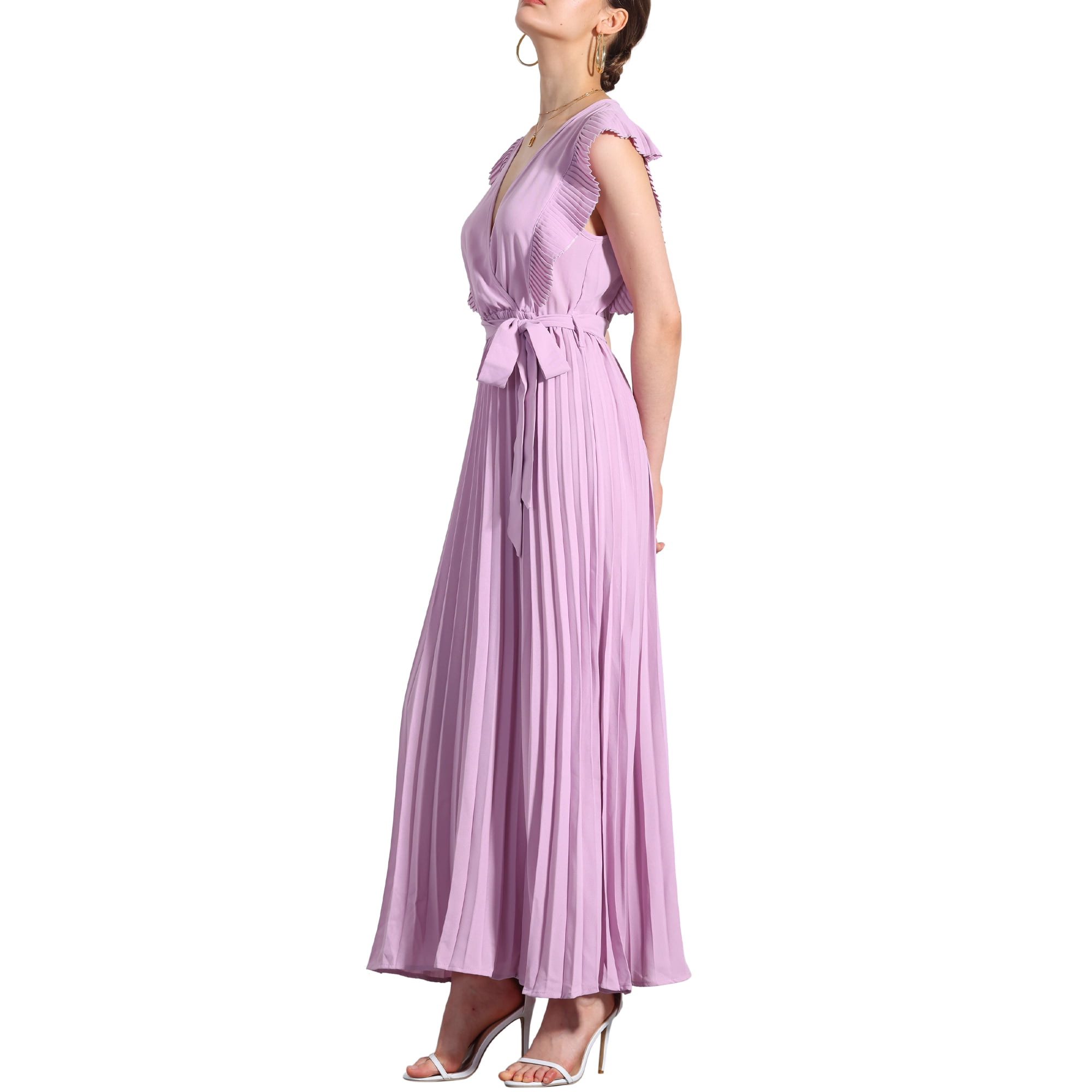 Unique Bargains Midi Dresses for Women s Wrap V Neck Sleeeveless Pleated Dress Purple XL Walmart