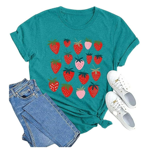 Tiweut Women Casual Tshirts Fashion Round Neck Short Sleeve Strawberry Print Loose Fit Lady Tees Green