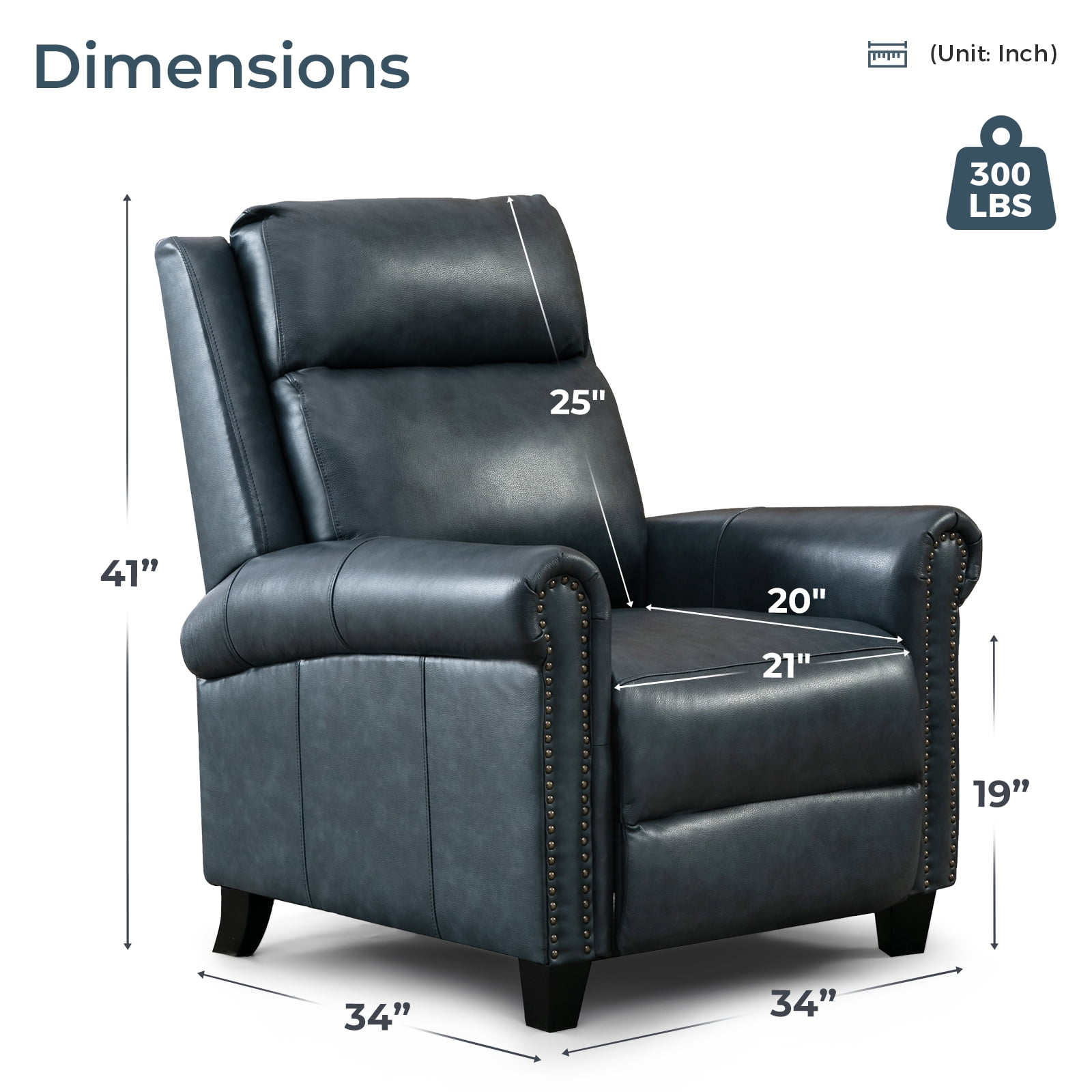 Bonzy Home Genuine leather Recliner Push Back Recline Chair with Classic and Traditional Armrests inlaid with Vintage Rivets, Navy, Set of 2