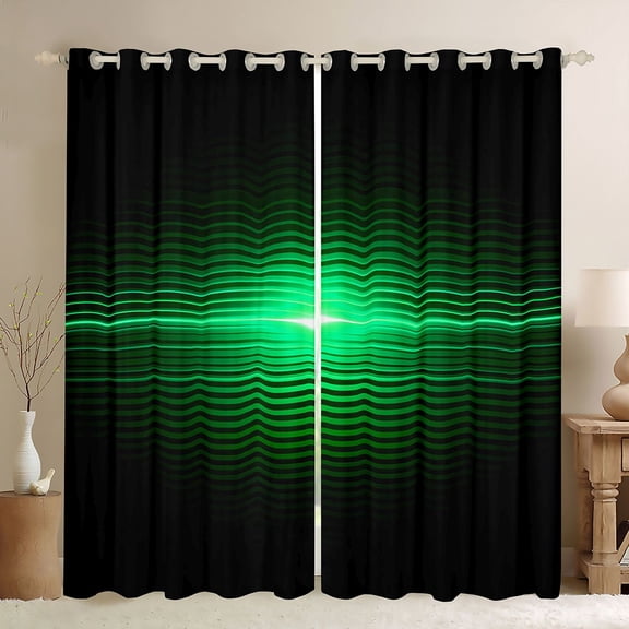 Manfei Gradient Horizontal Line Kitchen Curtains, Glowing Neon Light Black Out Curtains Pack of 2 (42x63 Each), Green and Black