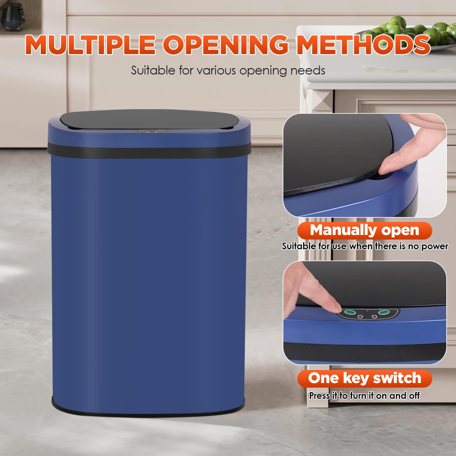 13 Gallon Trash Can Automatic Kitchen Garbage Can with Lid Touchless Sensor Waste Bin Slim No Touch Stainless Steel Trash Can for Home, Living Room, Bedroom, Office （Deep Blue）
