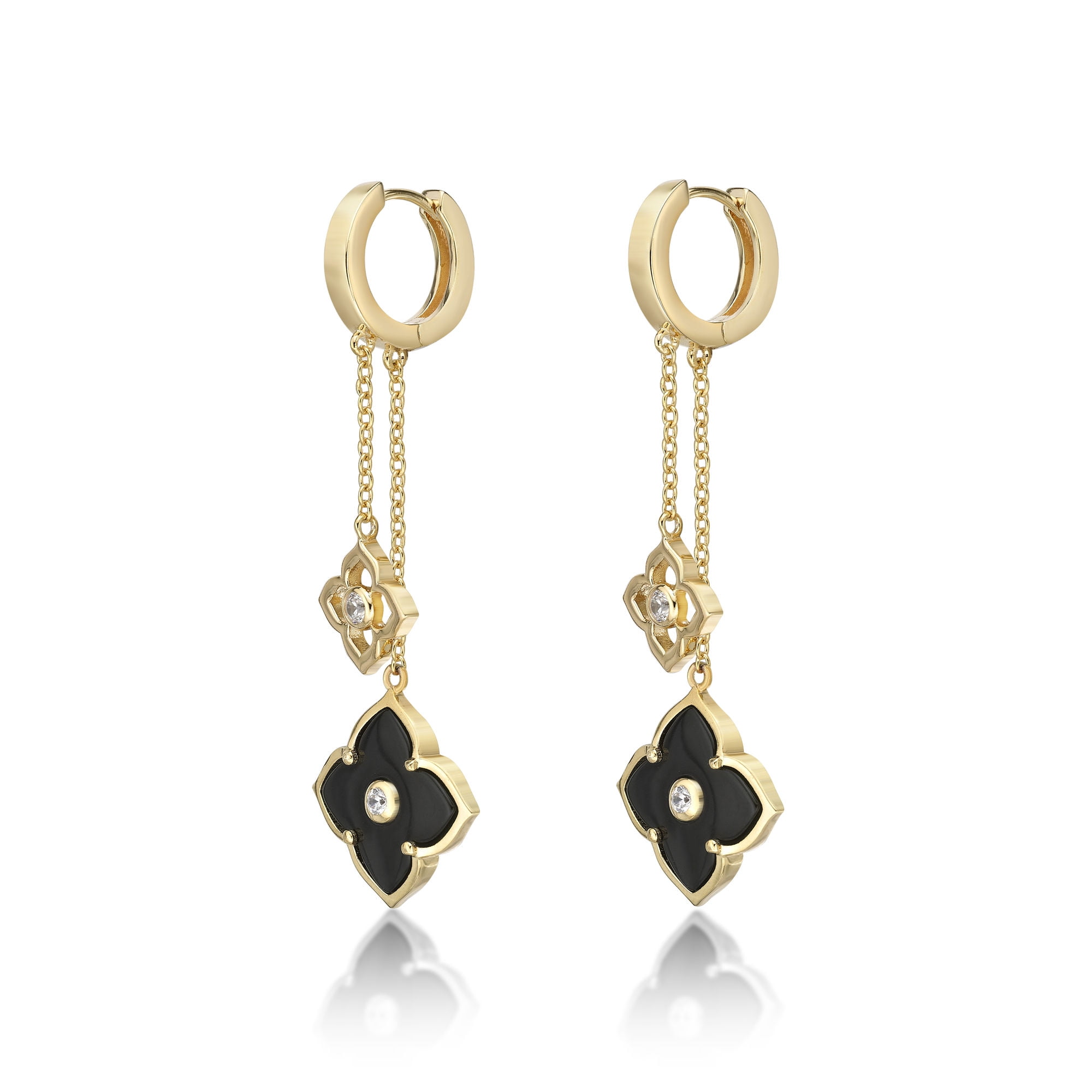 Black Onyx Flower Dangle Drop Earrings for Women in 925 Sterling Silver with Yellow Gold Plating Hinge Post by Lavari Jewelers