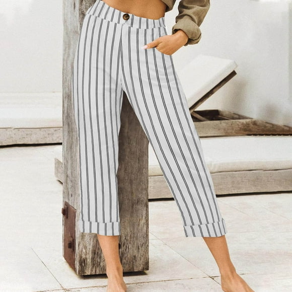 Styesk Women's Pants Fashion Womens Casual Stripe Elastic Loose Pants Straight Wide Leg Trousers With Pocket Capris