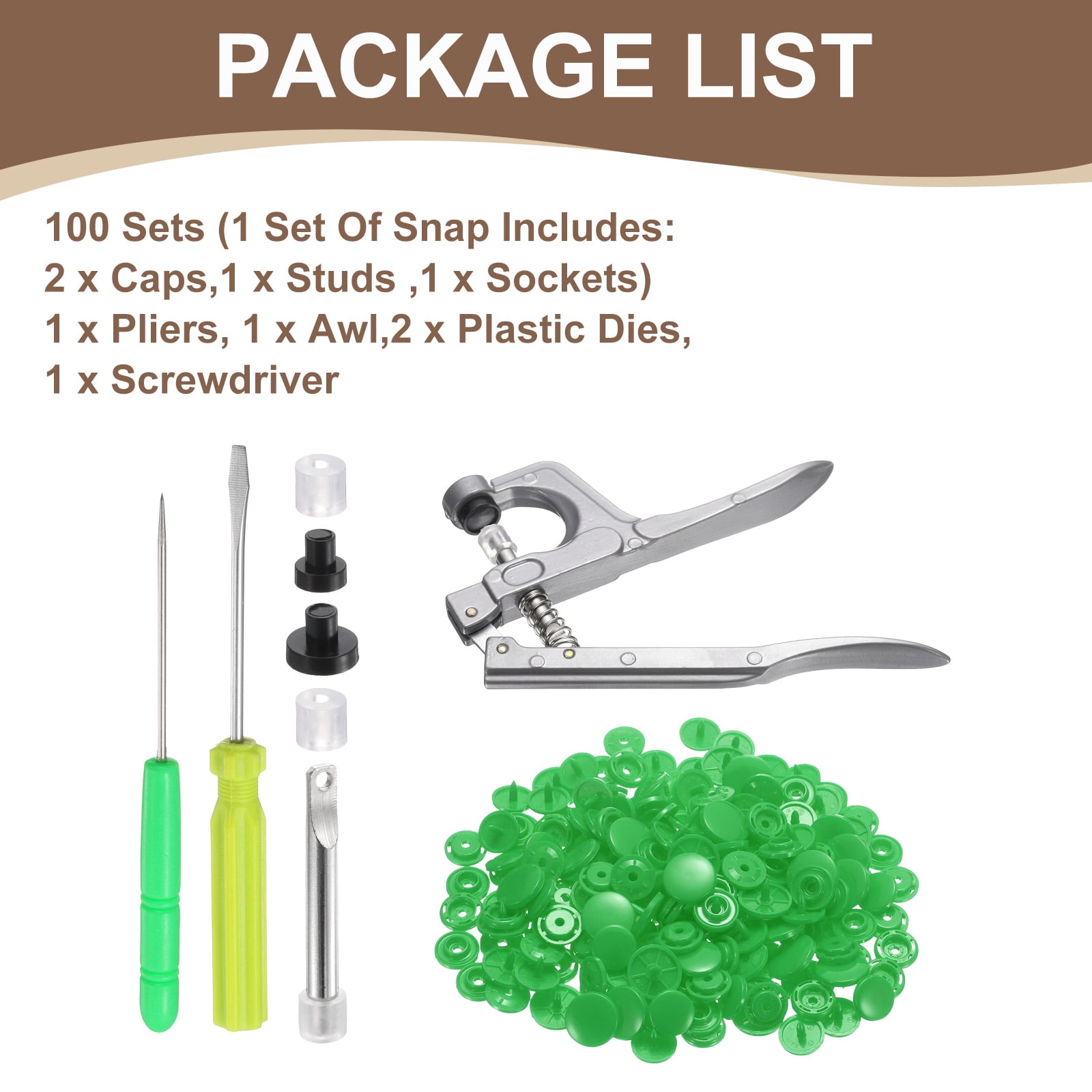 Uxcell Plastic Snaps Fasteners with Snap Pliers, 100 Set T8 Round Resin No-Sew Button Snap Fasteners Kit Green