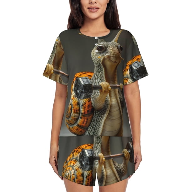 Fotbe Surreal Weightlifting Snail Conjunto de Pijama Estampado para Mujer, 2 Piezas, Ropa de Dormir con Camiseta de Manga Corta y Shorts Suaves-Small