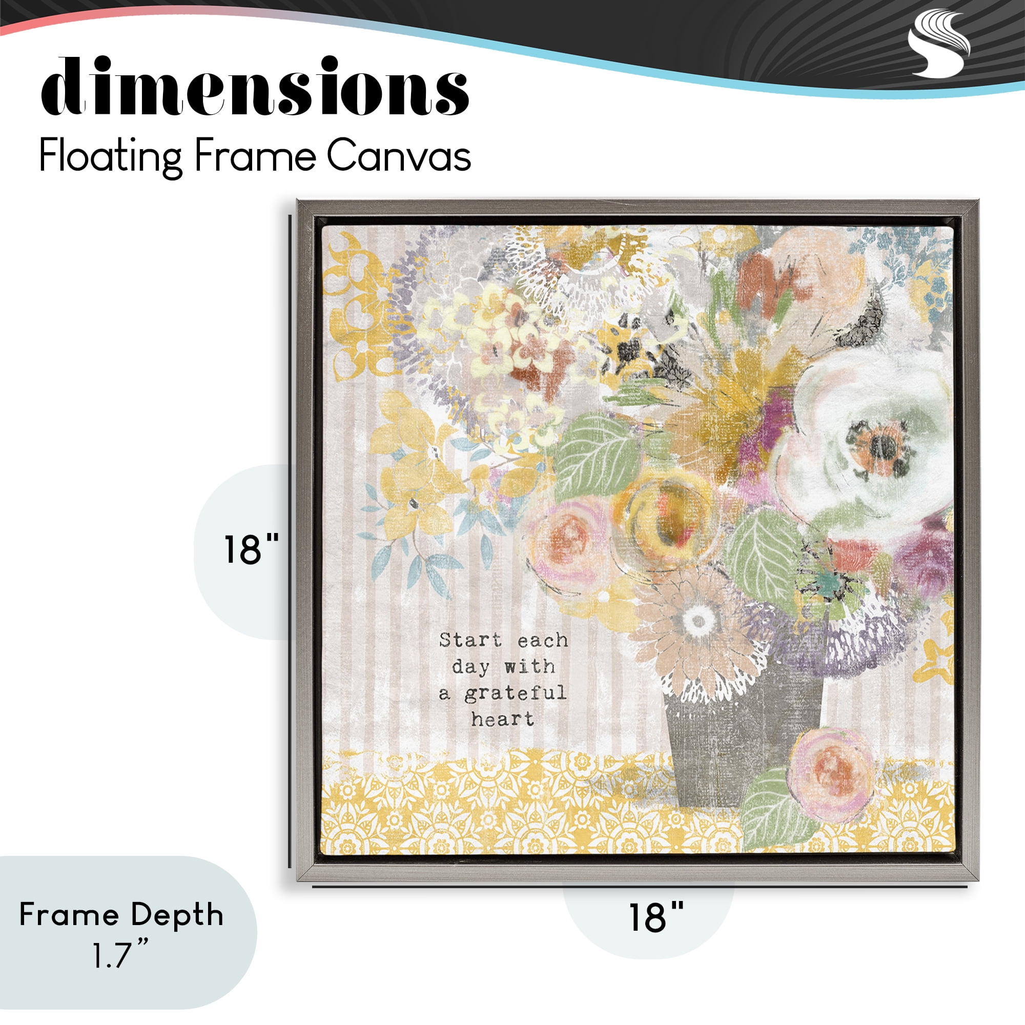 Stupell Industries Floral Inspirations Grateful Heart Gray Framed Floater Canvas Wall Art, design by Suzanne Nicoll