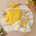 thumbnail image 2 of Kogui Overalls Set Baby Girl Clothes Fall Cute Skirt Outfits Long Sleeve Romper Floral Overall Skirt Dress Bow 3PCS Outfit 0 3 6 9 12 18 24 Months (Yellow,3-6 Months), 2 of 9