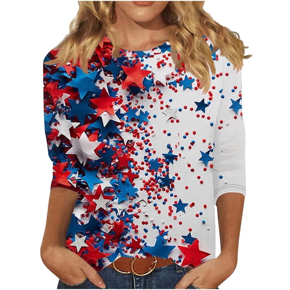 4th of July Shirts for Womens 2025 Fashion American Flag Graphic Tees Independence Day Cute Patriotic T-Shirts Gradient USA Flag Star Stripes Print Tunic 3/4 Sleeve Plus Size Tshirts Comfy Outfits