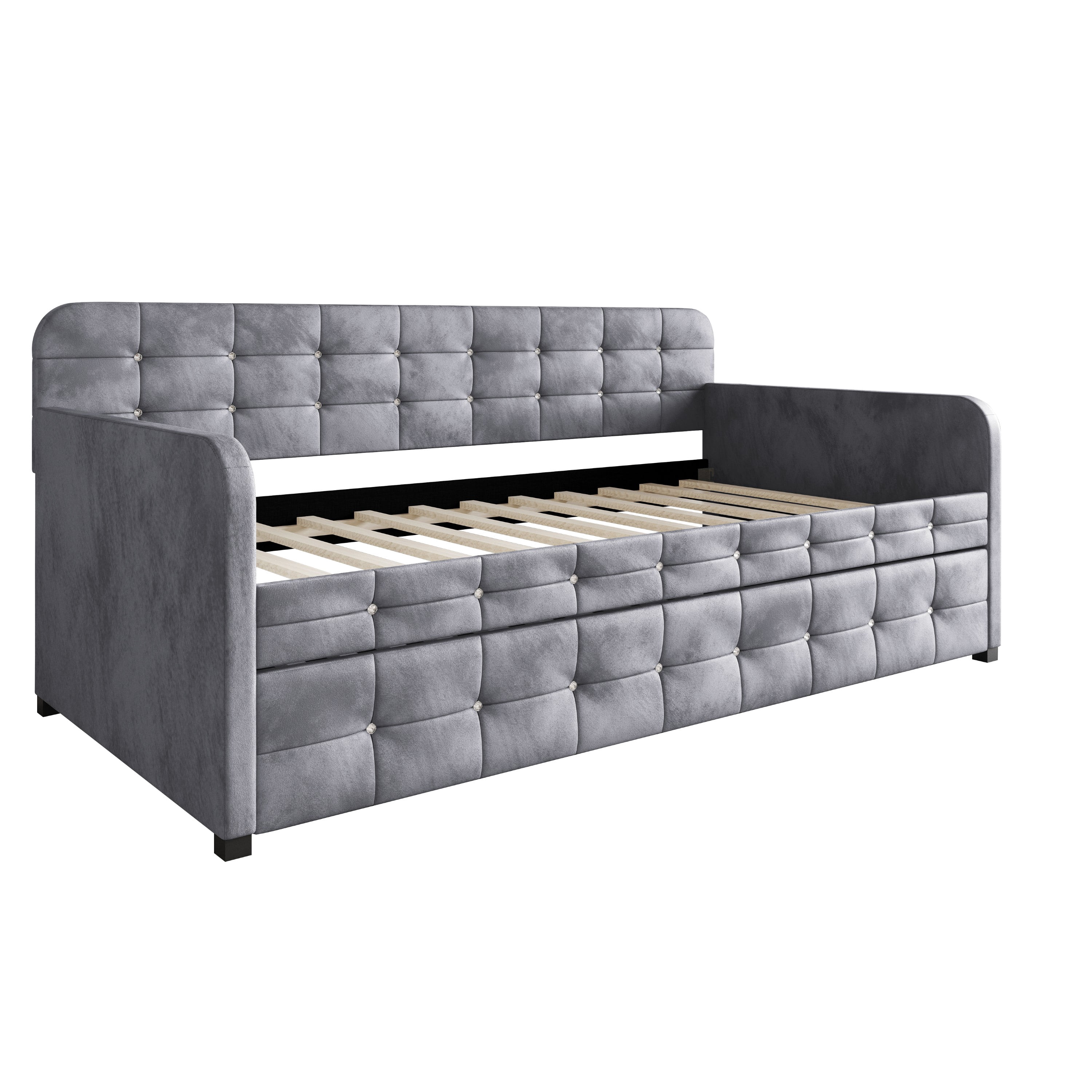 Home Design Elyria Twin Daybed with Velvet Upholstery, Diamond Button Tufting, Rounded Arms, Pull-Out Trundle, Solid Wood Frame, Stylish Seating and Sleeping, Gray