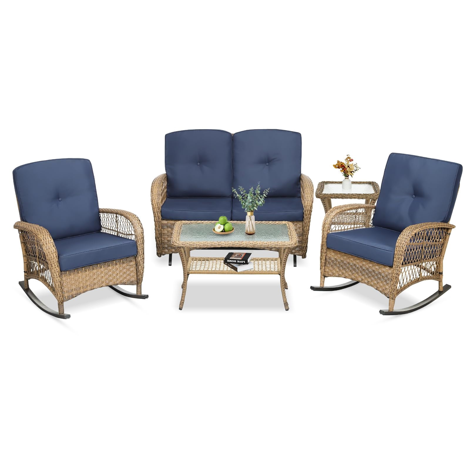 VIVIJASON 5-Piece Outdoor Patio Wicker Conversation Sets, All Weather Outdoor Rattan Furniture Set Includes Glider Loveseat, 2 Coffee Table, 2 Rocking Chairs with Cushions for Backyard, Navy Blue