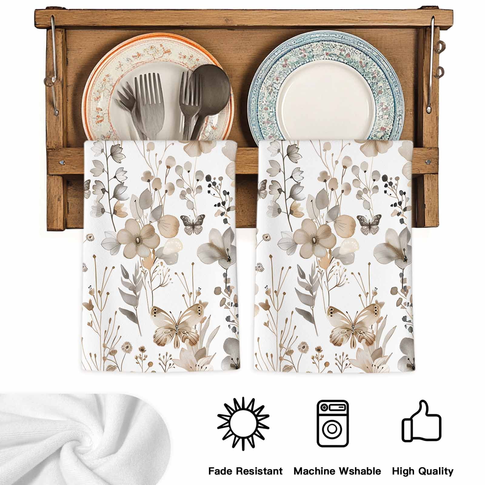 Brown Grey Floral Spring Kitchen Towels Set of 2, Watercolor Botanical Butterfly Absorbent Dish Towels for Kitchen, Microfiber Hand Towel, Quick Drying Tea Towel for Cleaning Decorative Dishcloths