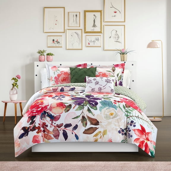 5 Piece Reversible Comforter Set Floral Watercolor Design Bedding