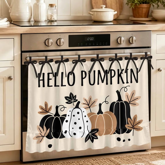 Oven Skirt Curtain for Kitchen 24x32 Inch, Black Pumpkin Oven Curtain with 8 Ribbon Ties & Ruffle Trim, Stove Skirt Curtain Dishwasher for Cabinets Over Sinks Fall Thanksgiving Brown Maple Leaves