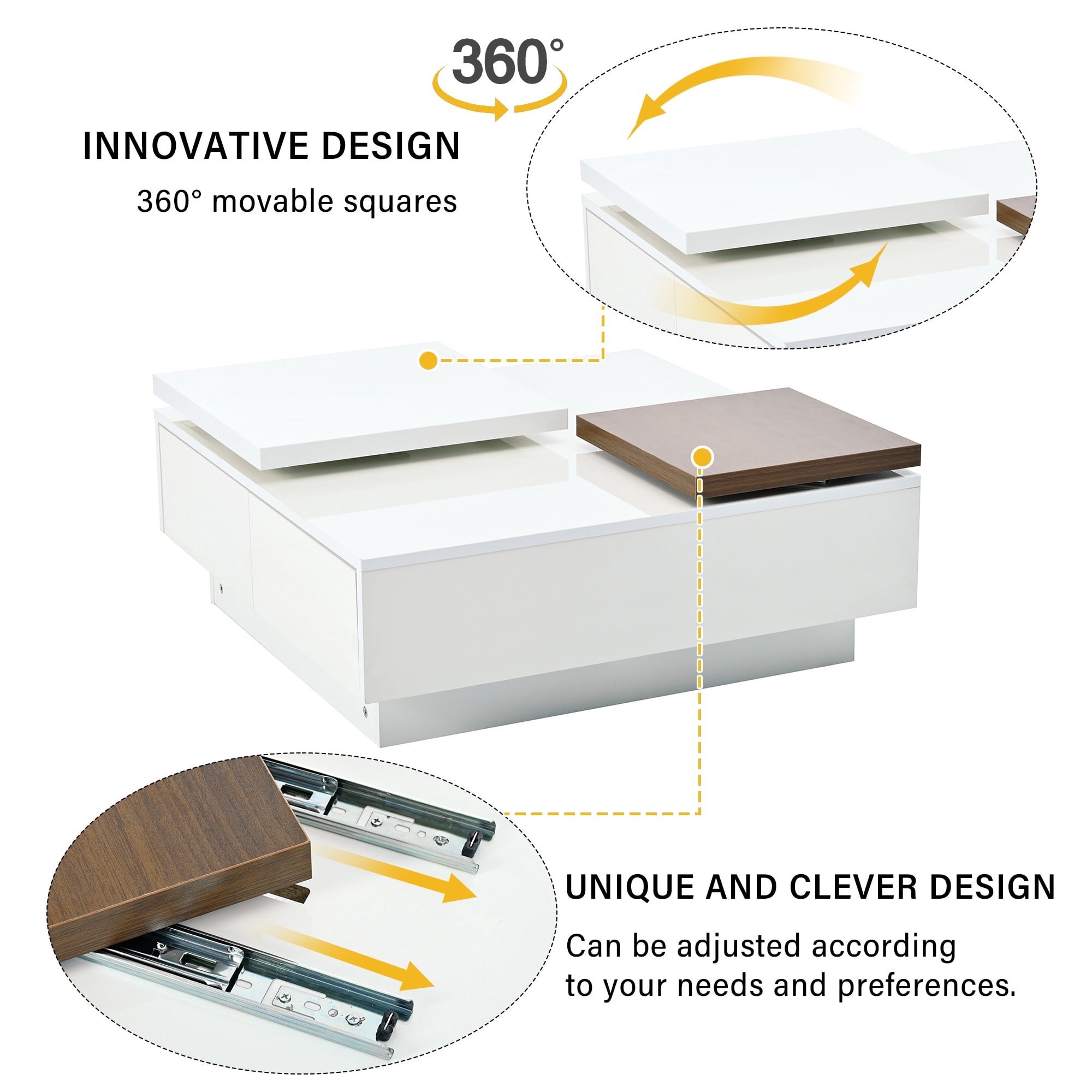 PORKISS Coffee Table, Wooden Coffee Table with Movable Top and High Gloss Finish, Freestanding Square Coffee Table with 4 Hidden Storage Drawers, Modern Cocktail Table for Living Room, White