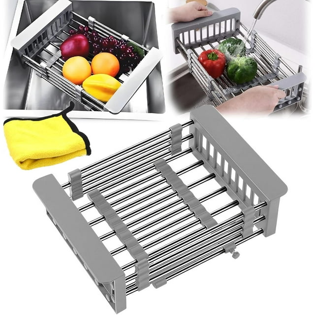 Colador Ajustable sobre el Fregadero, Escurridor de Platos Expandible de Acero Inoxidable, Colador Resistente para Frutas y Verduras, Organizador de Cocina a Prueba de Óxido