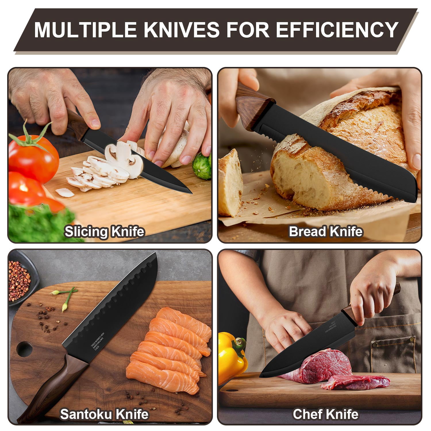 Walchoice 15 Pieces Knife Set with Block, High Carbon Stainless Steel Kitchen Knife Set with Sharpener, Rust Resistant & Dishwasher Safe - Walnut Brown