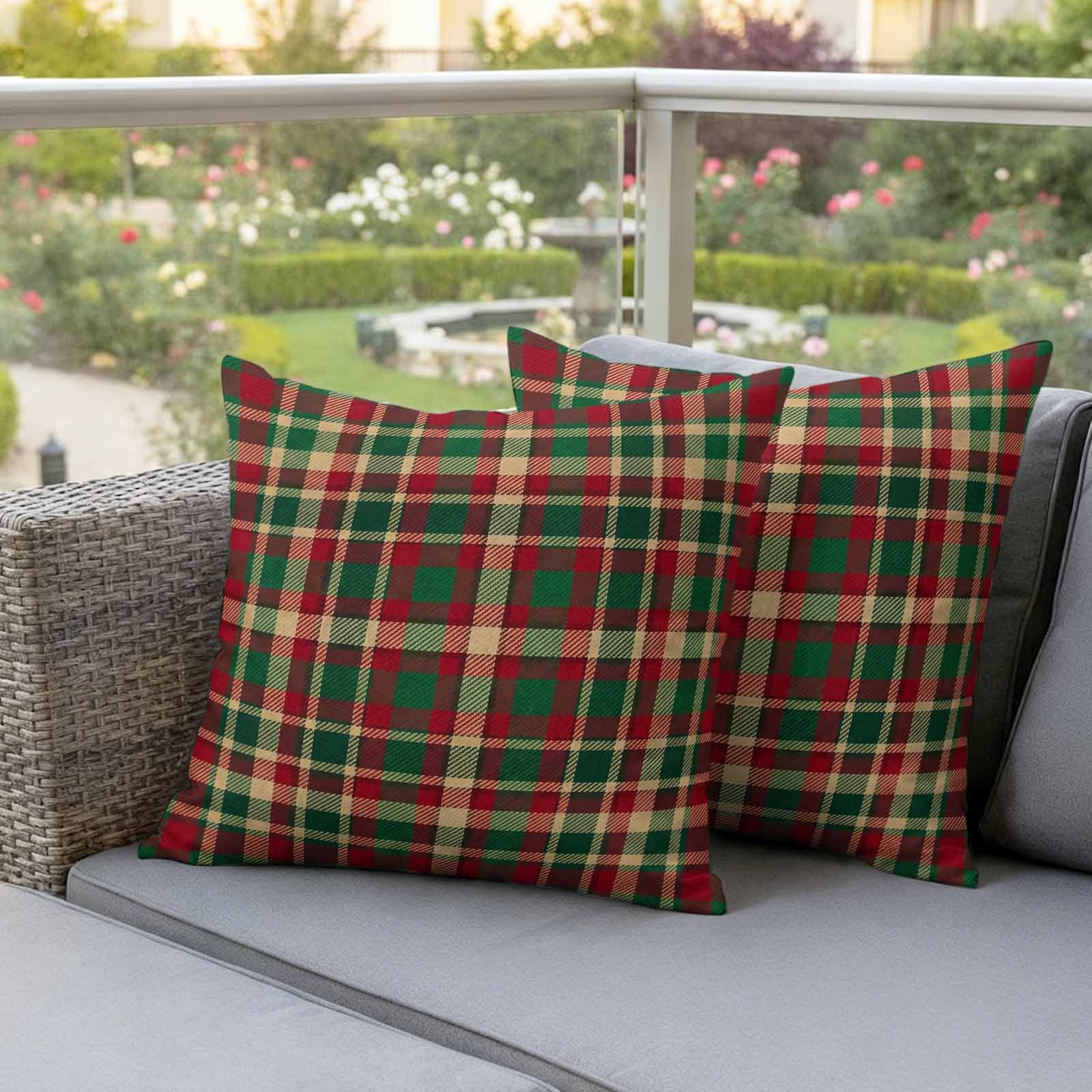 Autumn Plaid Outdoor Waterproof Pillow Covers, Red Green Tartan Gingham Farmhouse Checkered Decorative Square Throw Pillowcase Sofa Cushion Sham for Patio/Couch/Chair, 20"x20" 2 Pack