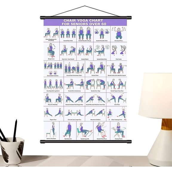 Foldable Chair Yoga Wall Chart, Multiple Pose Pilates Poster, Fitness and Stretching Guide for Home, Gym, or Office Use, Supporting Mobility, Exercise, Training, Chair Workouts