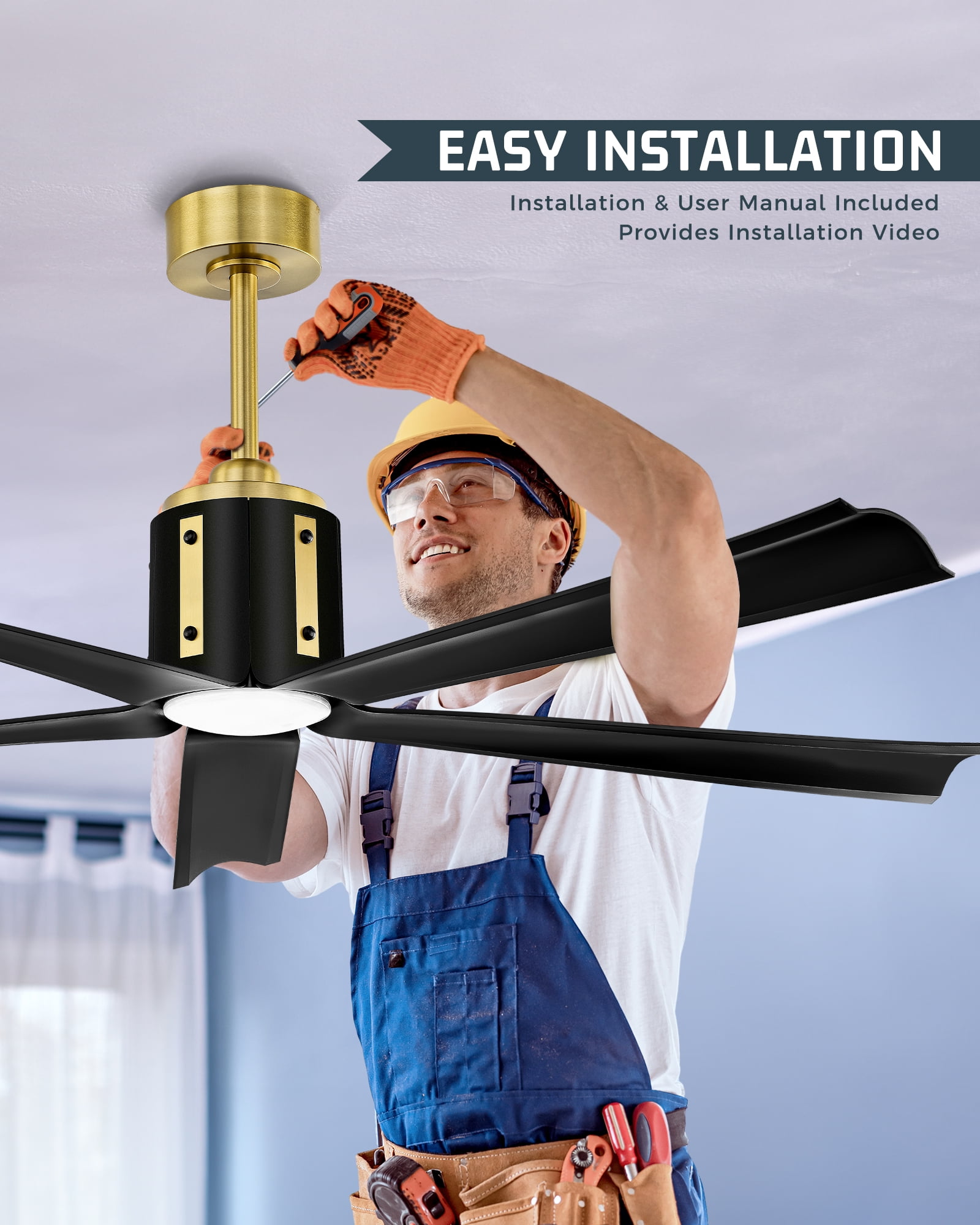 Ltmate 60 Inch Ceiling Fans with Lights and Remote, Black and Gold Ceiling Fans with Alexa Google Voice Control, 3 Color Temperatures and Quiet Reversible DC Motor