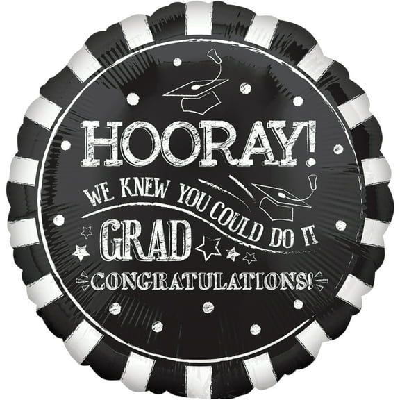 Anagram Hooray Grad Congratulations Graduation 18" Round Foil Balloon, Black White
