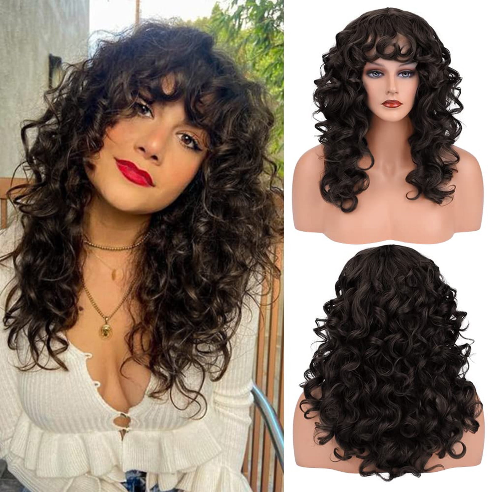 YSGFHGJW Wigs for Black Women,Long Curly Wig With Bangs Hair Wig For Women Synthetic Natural Wig Various Colors Available Daily Wear Party And Cosplay Soft Wig,Black