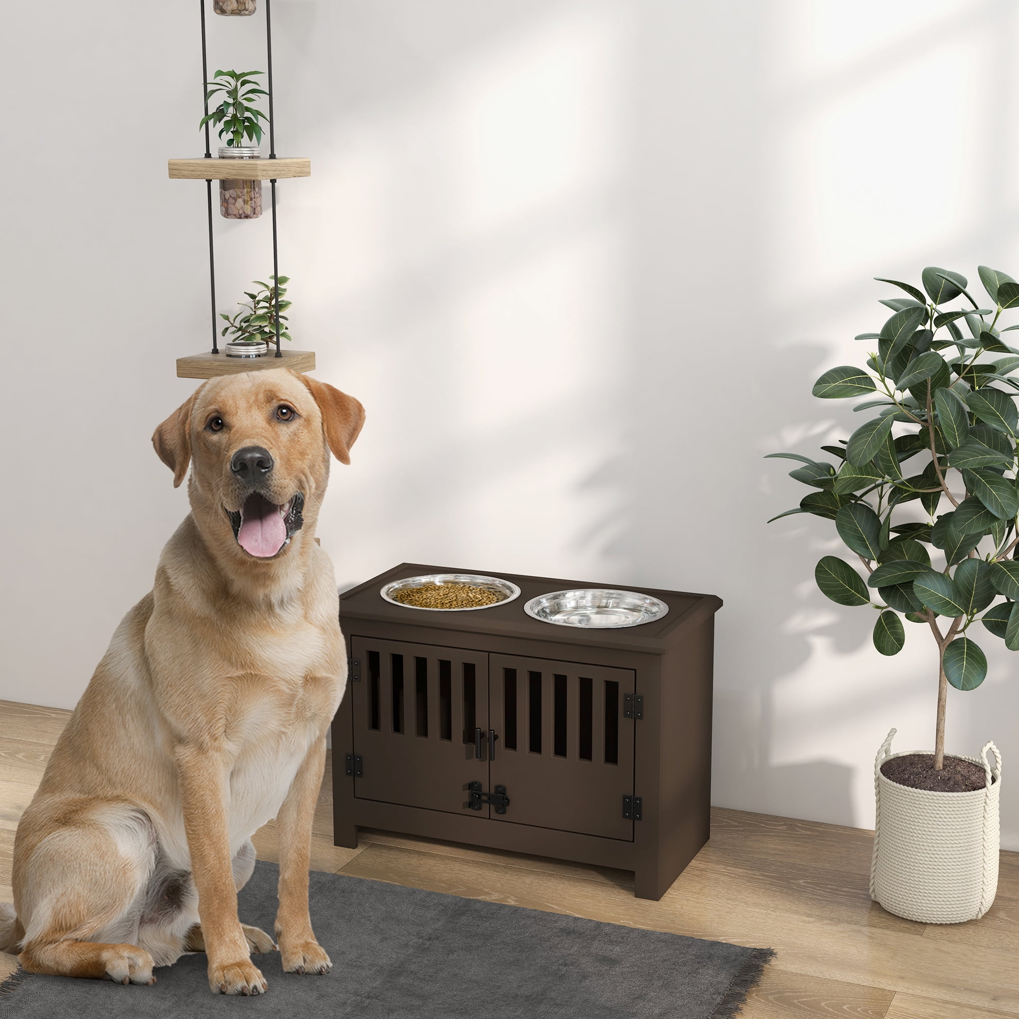 Large Elevated Dog Bowls with Storage Cabinet Containing Large 37L Capacity, Raised Dog Bowl Stand Pet Food Bowl Dog Feeding Station, Espresso