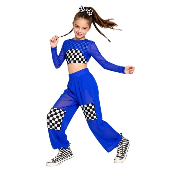 vastwit Kids Girls Hip Hop Street Dance Outfit Jazz Performance Crop Top Vest Checkered Mesh Jogger Pants Set Royal Blue 8