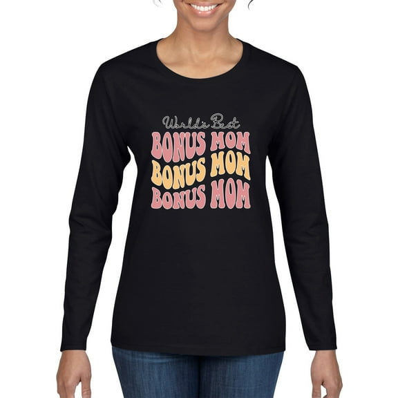 Wild Bobby, World's Best Bonus Mom Mother's Day Womens Graphic Long Sleeve Tee, Black, Small