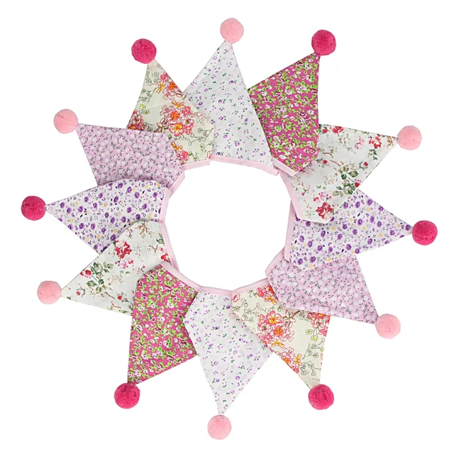 Banderines Triangulares de Tela de Algodón con Pompones Coloridos – Decoración para Cumpleaños, Tiendas de Campaña y Fondo de Fotos