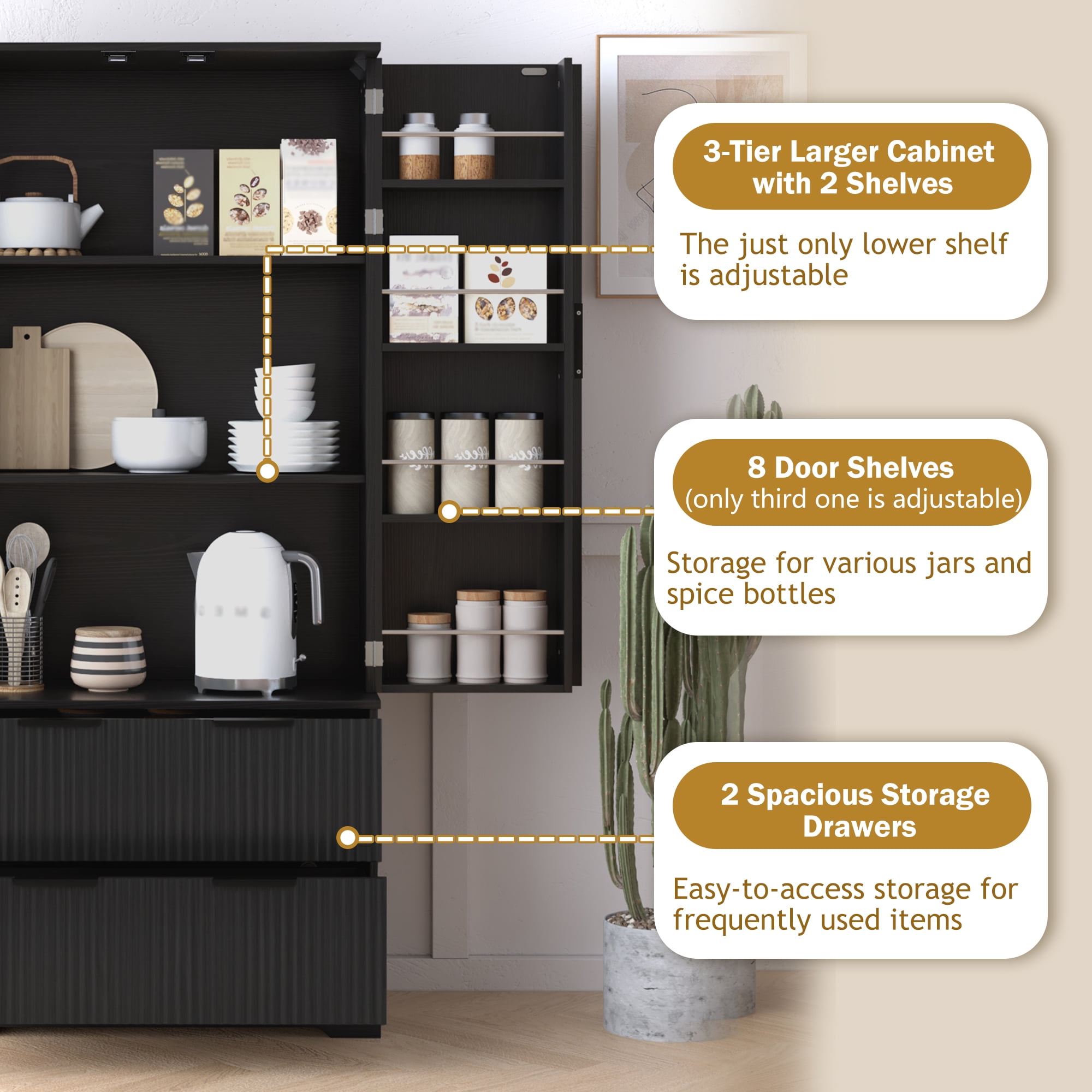 Howcool 72"H Fluted Kitchen Pantry Cabinet,Freestanding Storage Organizer with 2 Large Drawers,8-Door Spice Racks & Adjustable Shelves for Kitchen,Dining Room,Bathroom,Entryway,Black