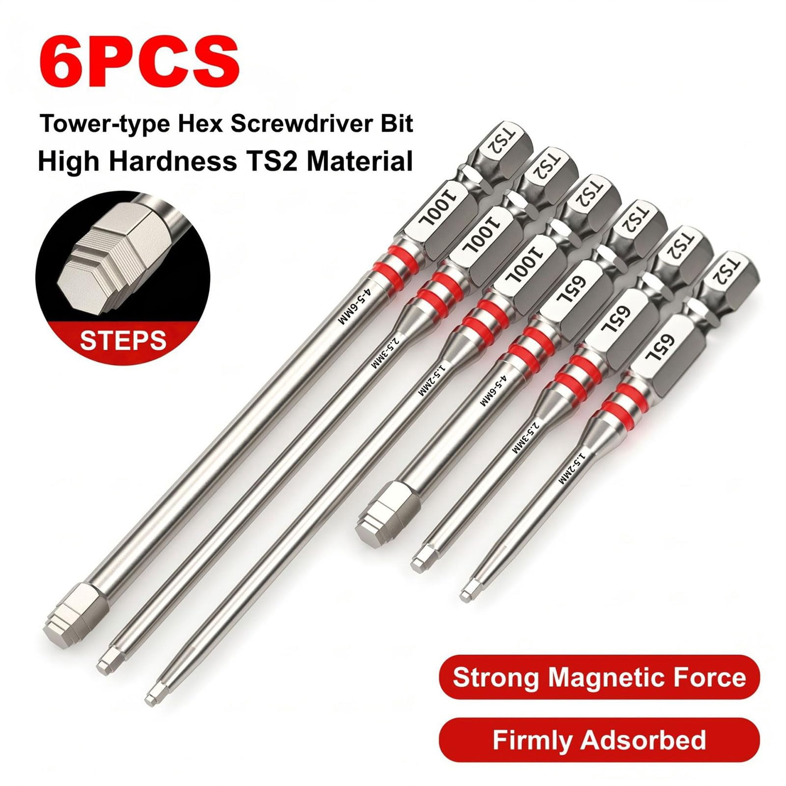 1.5mm-6mm Pagoda Shaped Drill Bit, 6-Piece Screwdriver Bit Set, Magnetic Hex Shank Pagoda Screwdriver Drill Bits, Anti-Slip Impact Tough Power Bits for Electric Drills & Wrenches