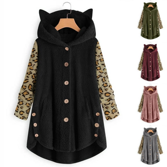 Patlollav Womens Plush Tops Hooded Cardigan Leopard Patchwork Coat Jacket