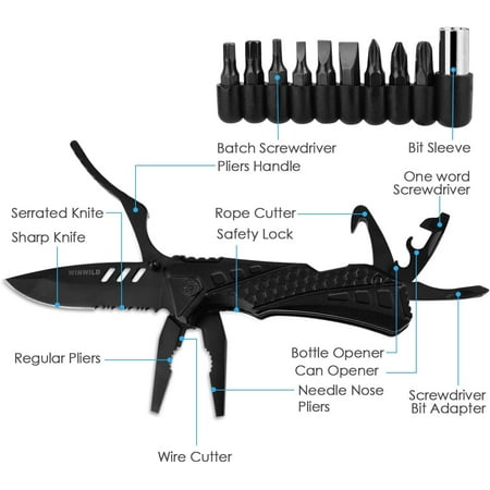 TRAHOO-Multitool Pocket Knife with Pliers Screwdrivers Bottle Opener Safety Lock Camping knife for Survival Camping Fishing Hiking stocking stuffers Gift for Men Women (Black)