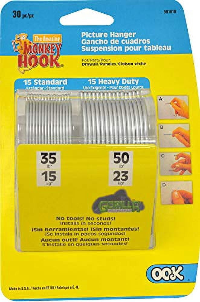 Hillman Fasteners OOK Monkey Wall Hooks, Steel Picture Hangers, 50lbs, 30 Piece Value Pack